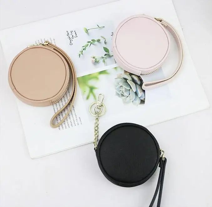 Designer Zipper Durable Genuine Keychain Small Round Coin Purse Bag Saffiano Leather