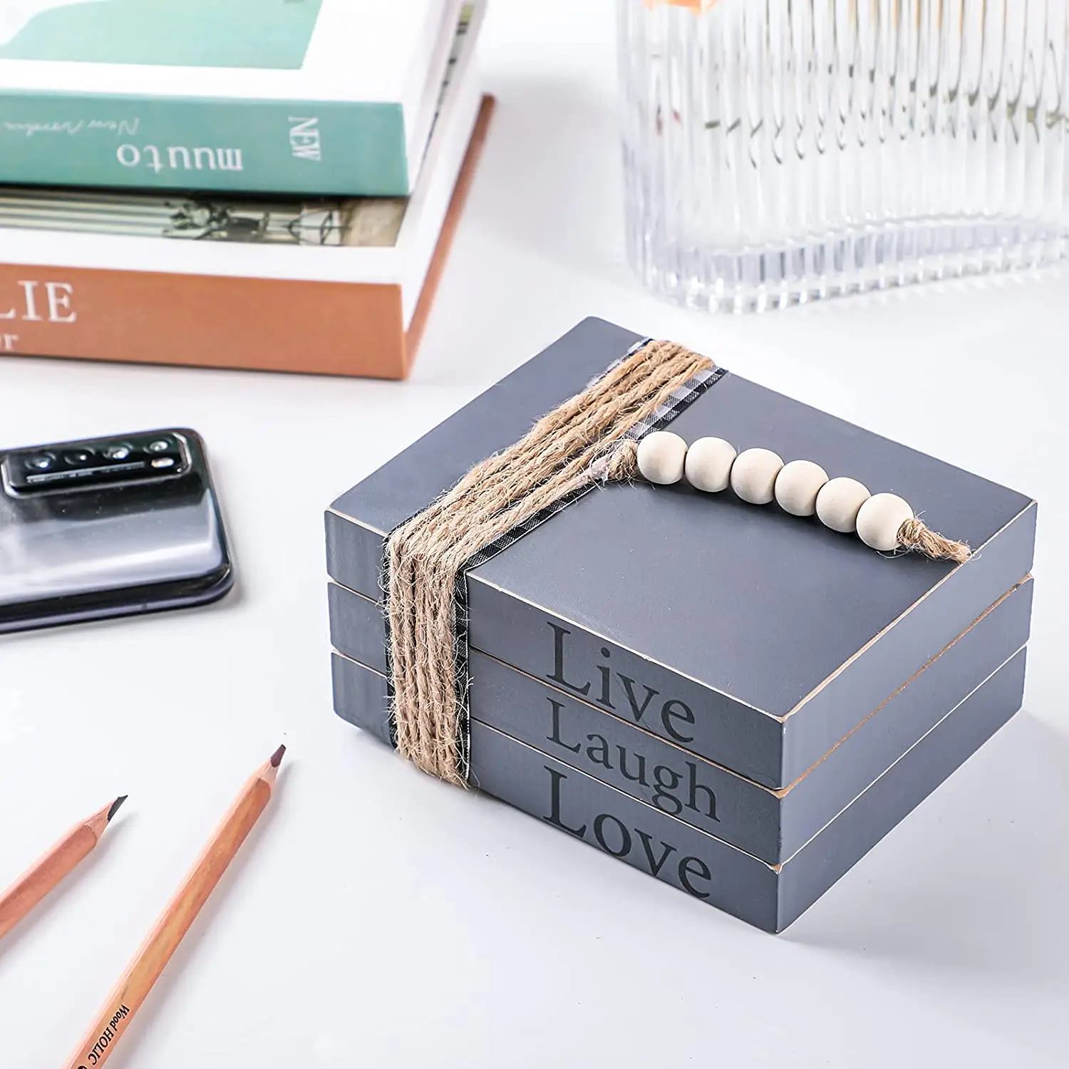 Wood Bead Garland Farmhouse Stacked Decorative Books Wood Block Books