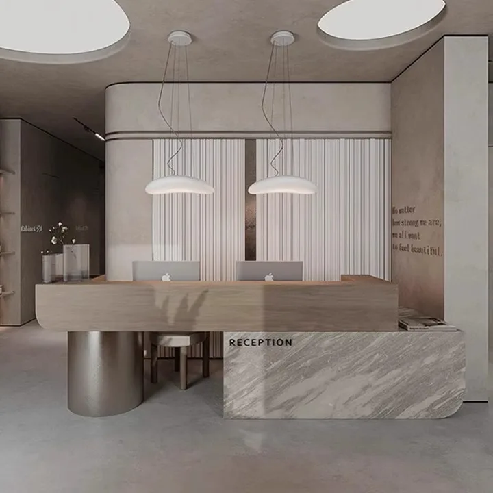 Wood Reception Desk Stainless Steel Leg Beauty Salon For Hotel Spa Salon Desk With Storage Rack Office Furniture For Sale