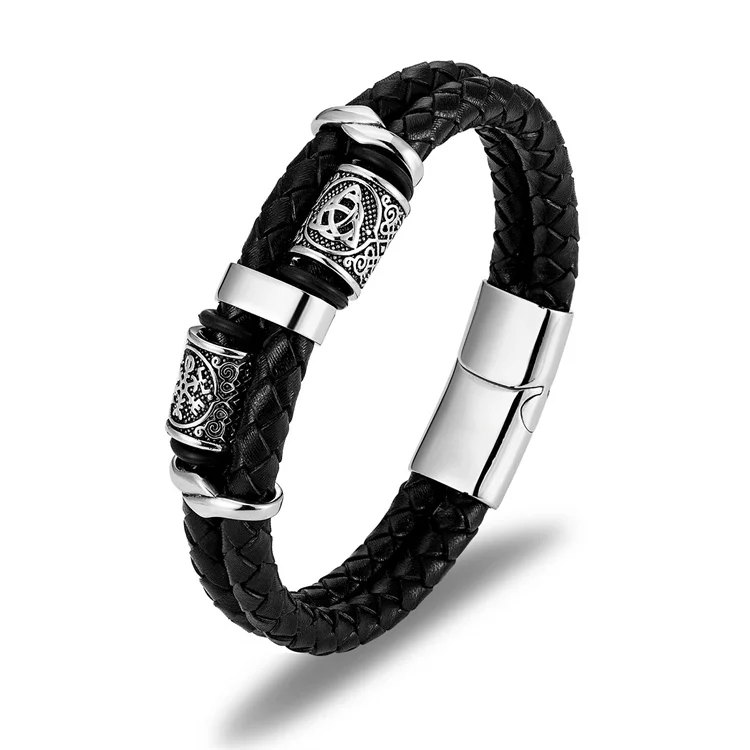 Hot Selling Stainless Steel Bead Bracelet Magnetic Clasp Custom Name Braided Leather Bracelet For Men