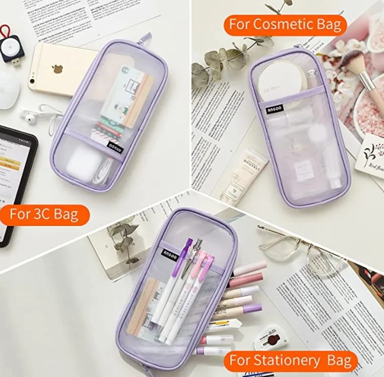 Grid Mesh Pen Pencil Case with Zipper Clear Makeup Color Pouch Cosmetics Bag Multi-Purpose Travel School Teen Girls Transparent