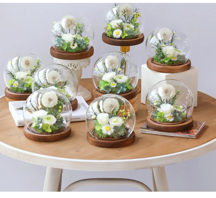 Wholesale preserved Dandelion eternal preserved rose in glass dome for Living Room Decoration Dried Flower Christmas gift