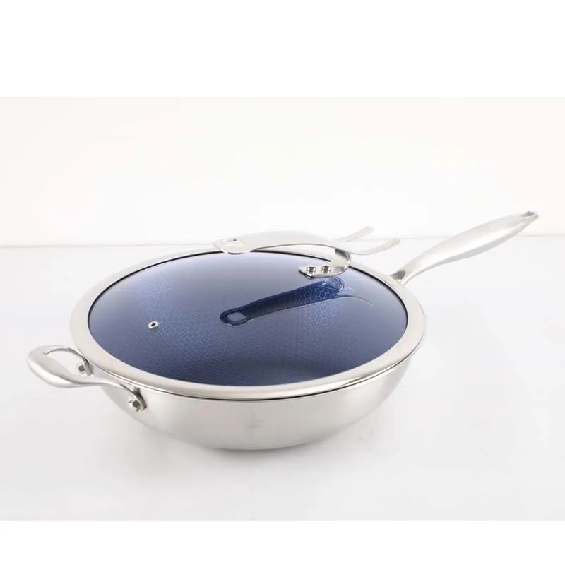 Factory price 34cm fry pan stainless steel chinese wok with lid