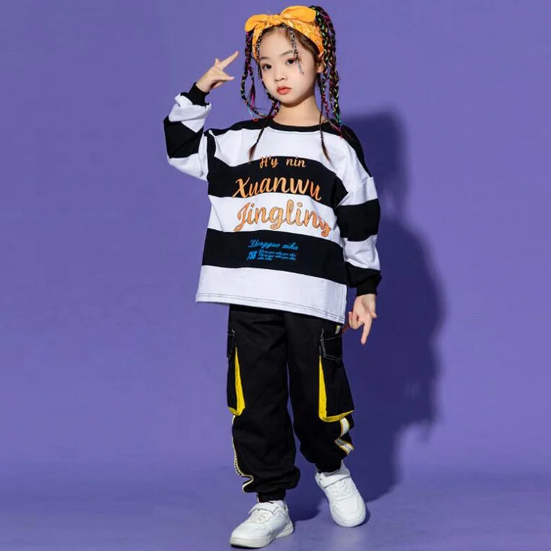 Kids Kpop Teen Hip Hop Clothing Stripe Sweatshirt Tops Cargo Pants Streetwear For Girl Boy Jazz Dance Costume Showing Clothes
