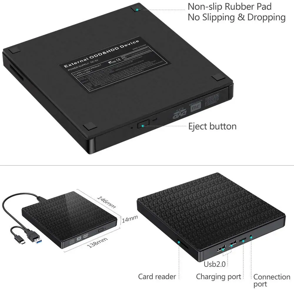 
Raycue USB 3.0 and Type C Interface CD-RW Burner External CD DVD Player Drive with Card Reader 