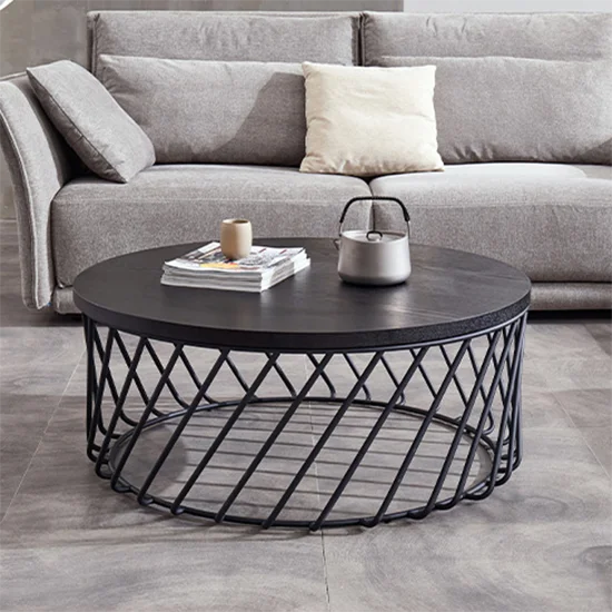 New design living room center round wooden coffee table set with metal storage basket