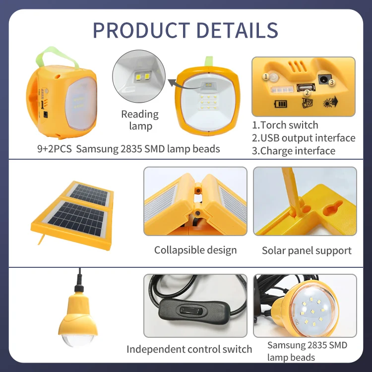 yellow portable rechargeable outdoor camping powered lights emergency charging home mini solar led light