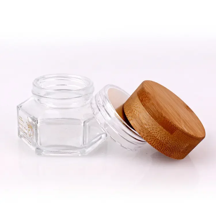 Round lid face cream container hexagonal luxury glass 30g cosmetic jar with bamboo screws