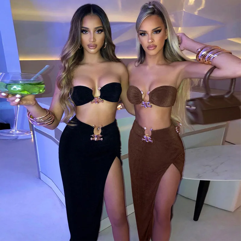 2022 New Arrival Spring Summer Women Sexy Club Strapless Vest Side Pleat Split Skirt Set