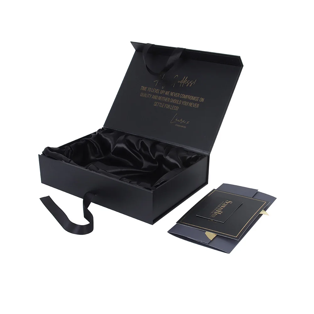 gold foil stamp hard rigid cardboard paper magnetic gift box matte black paper bags magnet box with envelop and business card