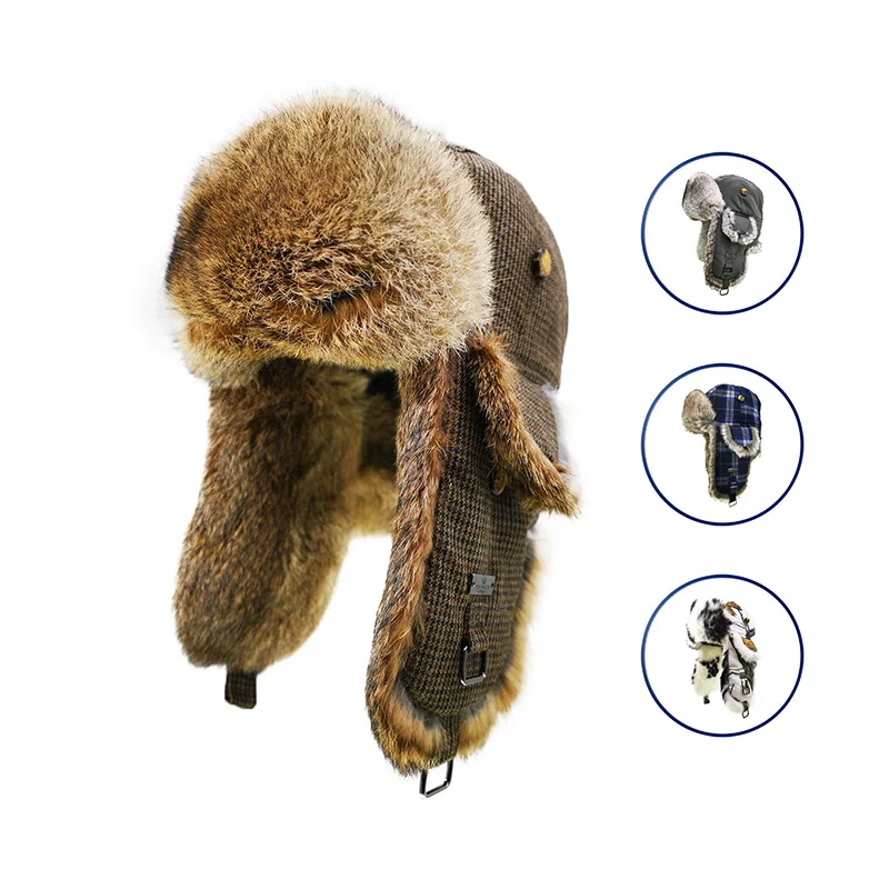 Hot Sale Custom Windbreaker  swallow gird Real Rabbit Fur BRN Aviator Hat