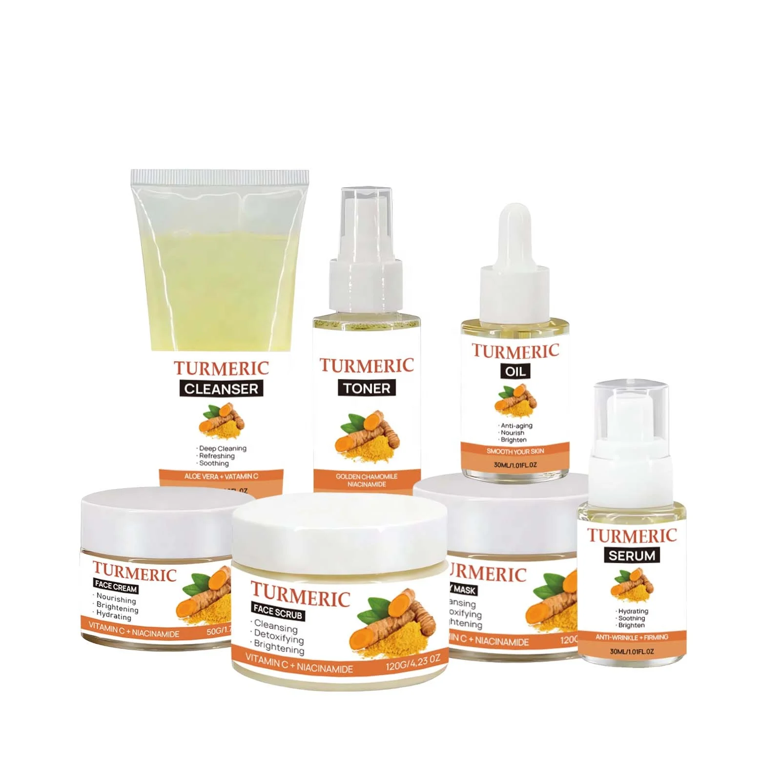 Korean Beauty Facial Anti Acne Aging Tumeric Face Skin Care Set Organic Private Label Whitening Turmeric Skincare Set For Women