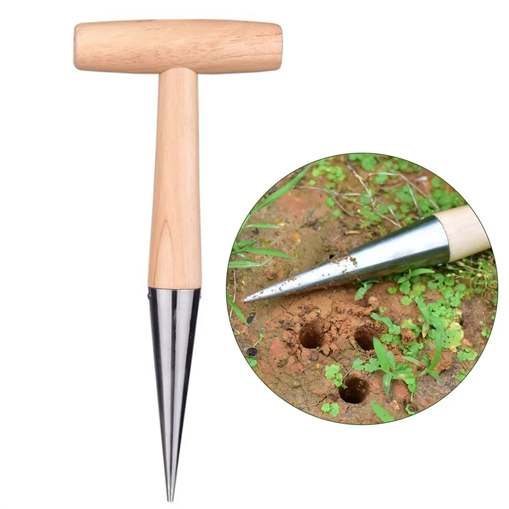 Gardening Wooden Handle Spiked Stainless Steel Head Hole Puncher T-shaped Greenhouse Seed Transplanting Planting Tools