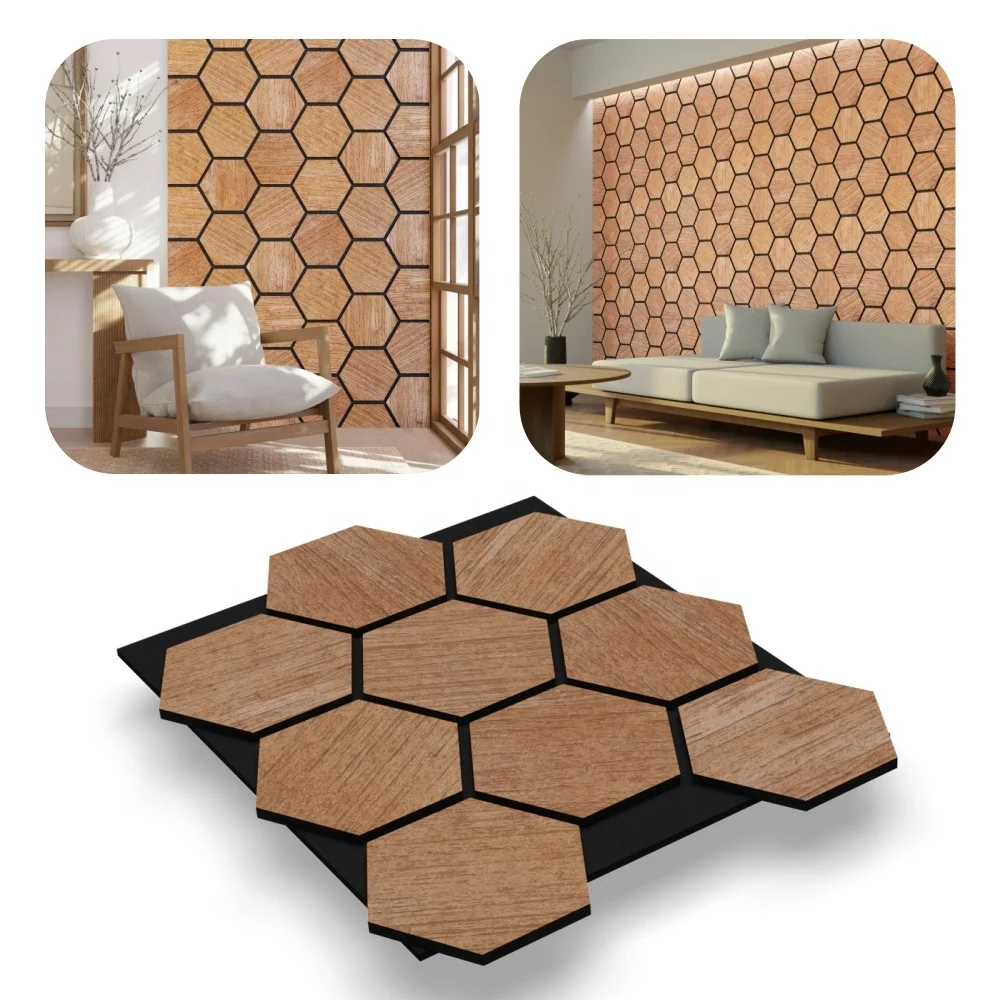 Easy To Install Honeycomb Wood Wall Panels Akupanel Hexagon Wood Slat Acoustic Panel on Black Polyester Fiber Acoustic Panel