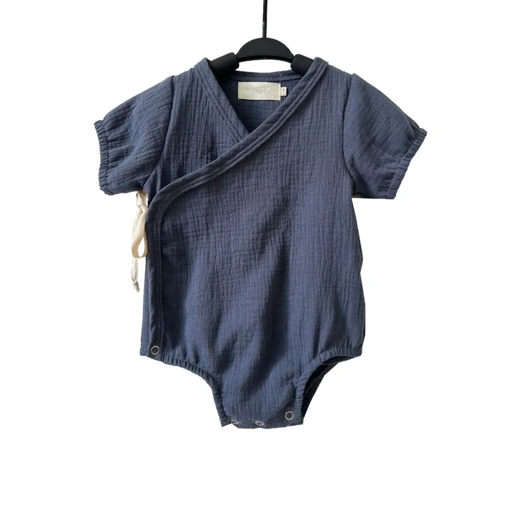 Summer Newborn Onesie Short Sleeve Kimono Bodysuit with Snap Button Solid Fabric Baby Romper
