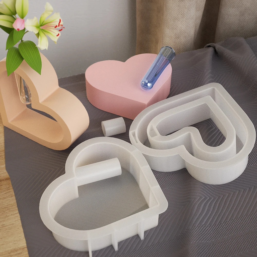 M103 Vase Tube Ornament DIY Gypsum Cement Resin Mold for Plant Propagation Station Epoxy Heart Shape Vase Silicone Mold