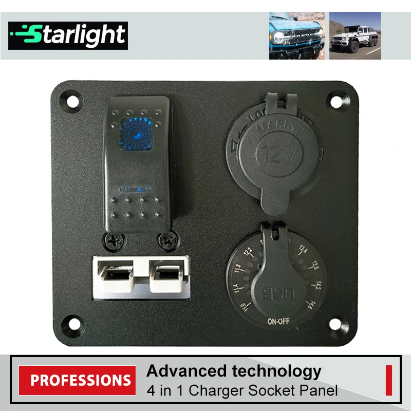 4 in 1 ON/Off Toggle Switch Charger Socket Panel QC 3.0 Dual USB Power Outlet LED Voltmeter Cigarette Lighter Plug for Car RV