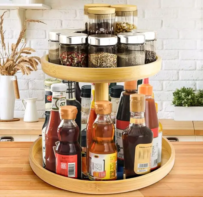 2 Tier Bamboo Lazy Susan Organizer Kitchen Turntable Organizer for Cabinet Pantry Table Organization