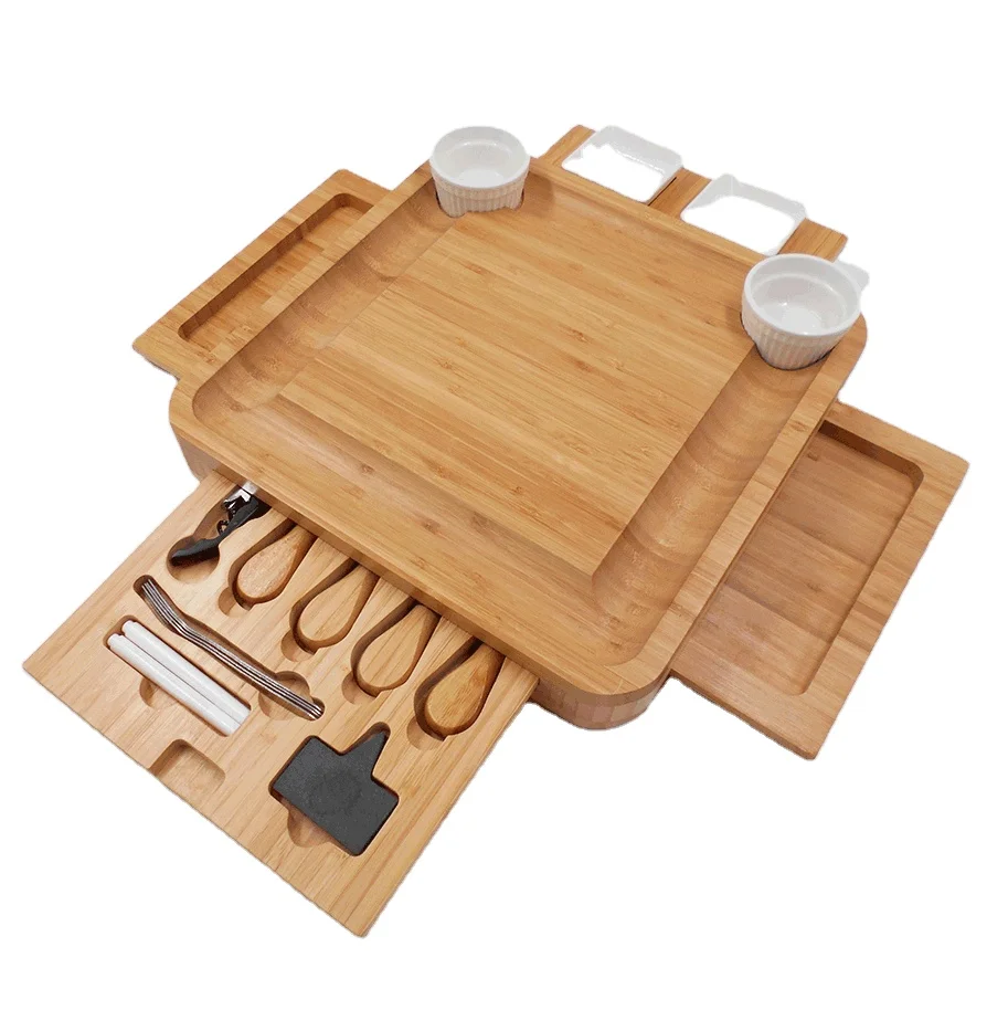 
Bamboo Wood Charcuterie Magnetic 4 Slide-Out Drawers Cheese Board Set With Ceramic Bowls And Cutlery Knife 