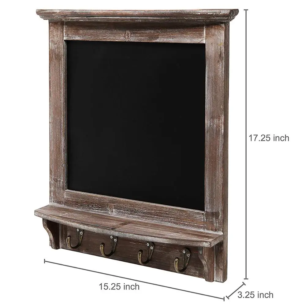 
Wall Mounted Country Brown Rustic Wood Framed Memo Black Chalkboard with 4 Hooks for Keys 