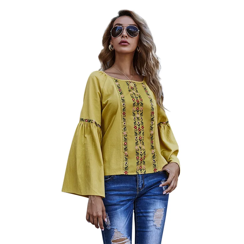 Hot Sale Solid Color Printed Floral Loose Flared Long Sleeves Yellow O-neck Women Casual Blouse