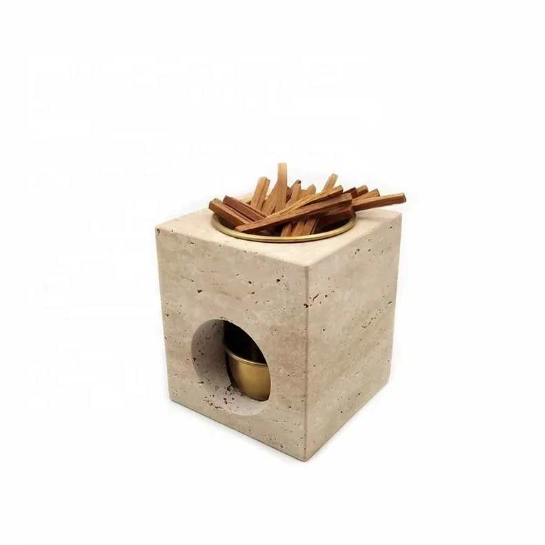 stonekocc Marble Craft Home Decor Natural Travertine Stone Incense Holder Essential Oil Fragrance Burner Candle Base SS Metal