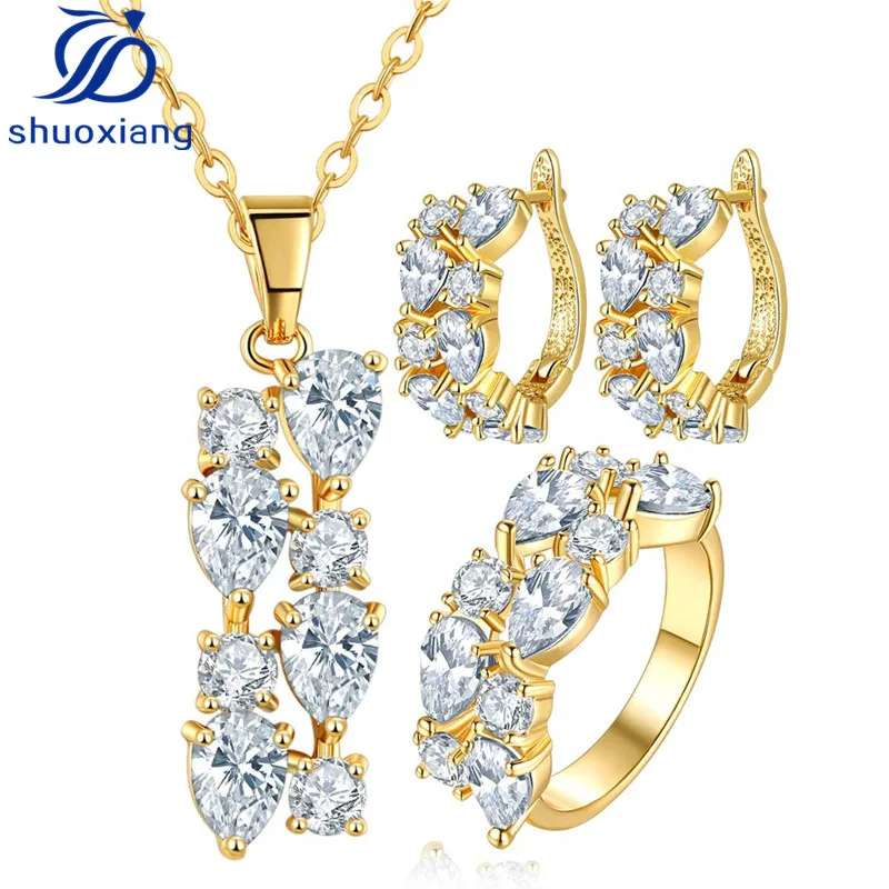 
Bling Mona Lisa Gold Plated White Crystal Jewelry Sets Women Colorful Crystal Necklace Earrings Rings Multi color Jewelry Set 