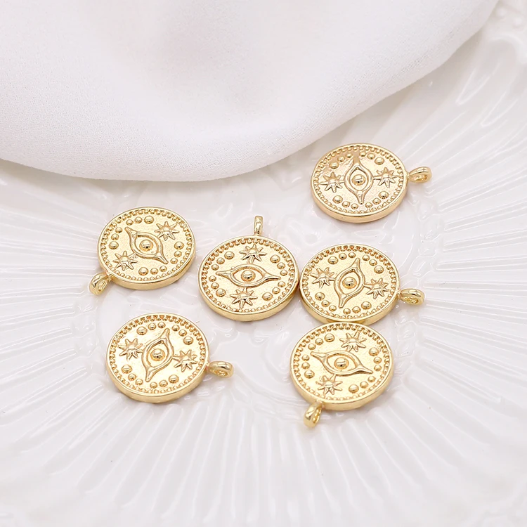 Factory Wholesale Pentagram Eye Shape Copper 14k Gold Plated Jewelry Coin Pendant for Necklace