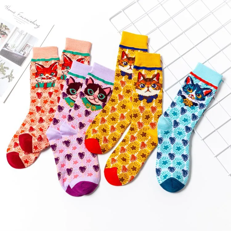 2021 Wholesale  Japanese Style Fashion Cute Cartoon Breathable Cotton Cat Animal Women Calcetines Tube Crew Socks