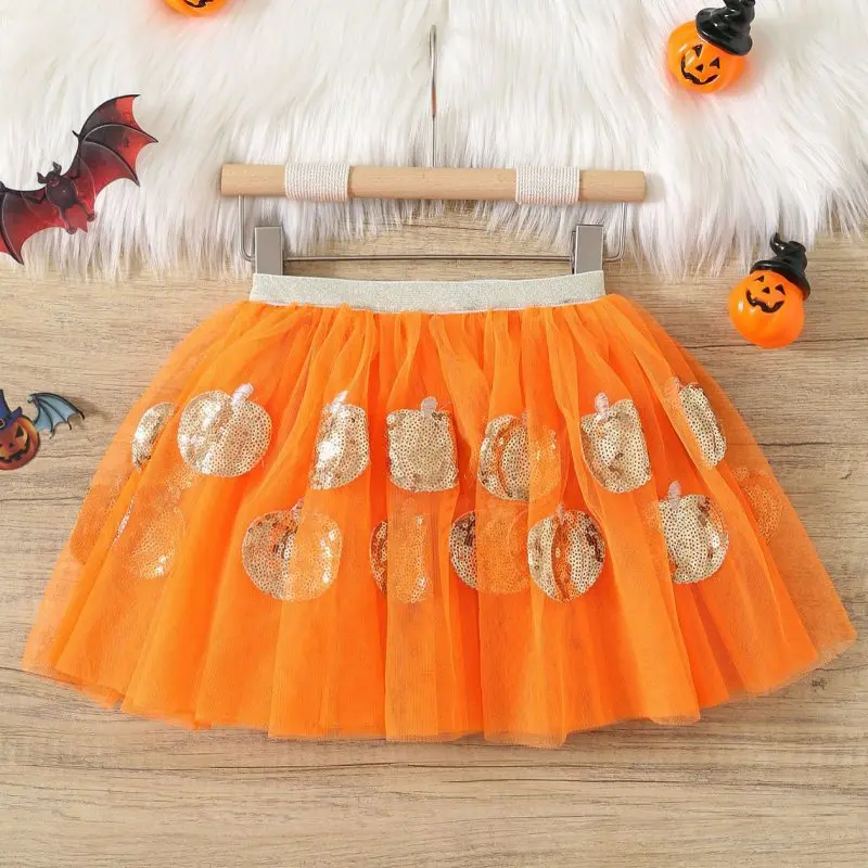 Halloween Sequined Embroidery Gauze Mesh Kids Princess Dress Pumpkin Pkin Fall Tutu Girls Lace Skirts