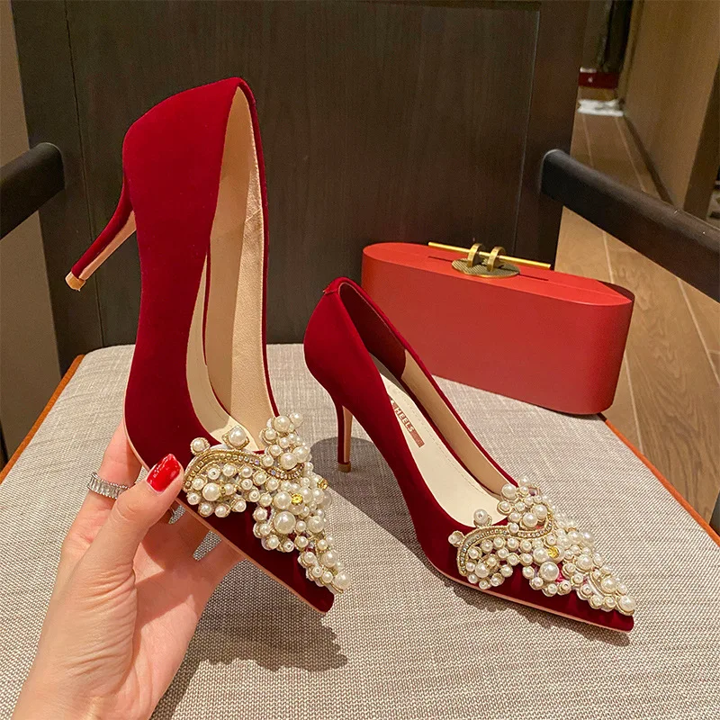High Quality Red Satin Silk Pointed Toe Pearl Women High Heel Shoes Lady Heels Pumps Bridal Wedding Pump Shoes Women