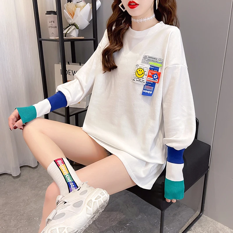 Оптовая продажа, Новинка лета 2021, свободный Женский пуловер средней длины из хлопка, пуловер с длинными рукавами, женские толстовки и свитшоты с капюшоном