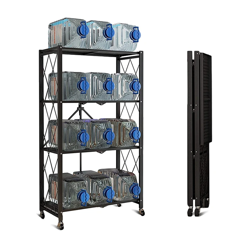 Utility Black Steel Folding Storage Rack Home Storage Heavy Weight Trolley Foldable Rack Shelf Kitchen Organizer Shelf