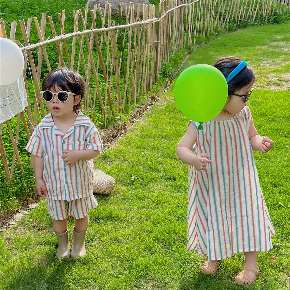 2024 summer Korean set striped striped sundress short-sleeved shorts two-piece sister-brother travel suit