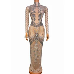 Sexy Nude Mesh Transparent Silver Rhinestones Dress Women Evening Birthday Celebrate Costume Stage Dancer Performance Outfit
