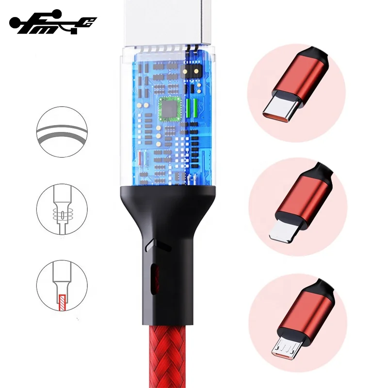 Usb Cable Micro Usb 8pin Type C 3.0 Charger 3A Fast Charging 3 in 1 Mobile Phone Nylon Braided Cable Usb 2.0 Stock Mix Color FMC