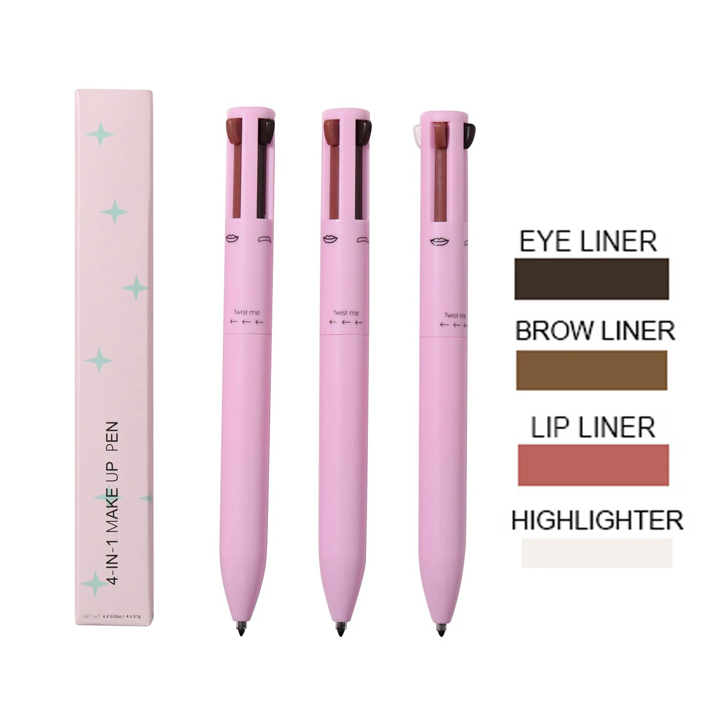 4 In 1 Makeup Eyebrow Eyeliner Lipliner Pencil Long Lasting Vegan Highlighter Pen Private Label