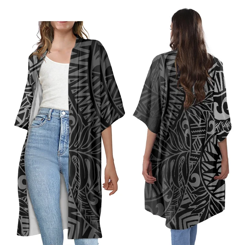 custom clothing women polynesian samoa tatoo design black vintage half sleeve cardigan casual plus size open front cardigan