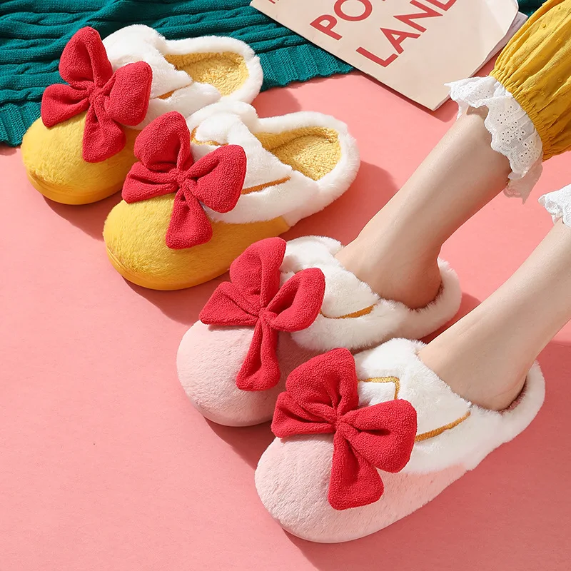 Warm Winter  women Home Slippers Indoor Funny Plush ladies Slides Casual Cute  Soft cartoon girl Floor bowknot cotton slippers