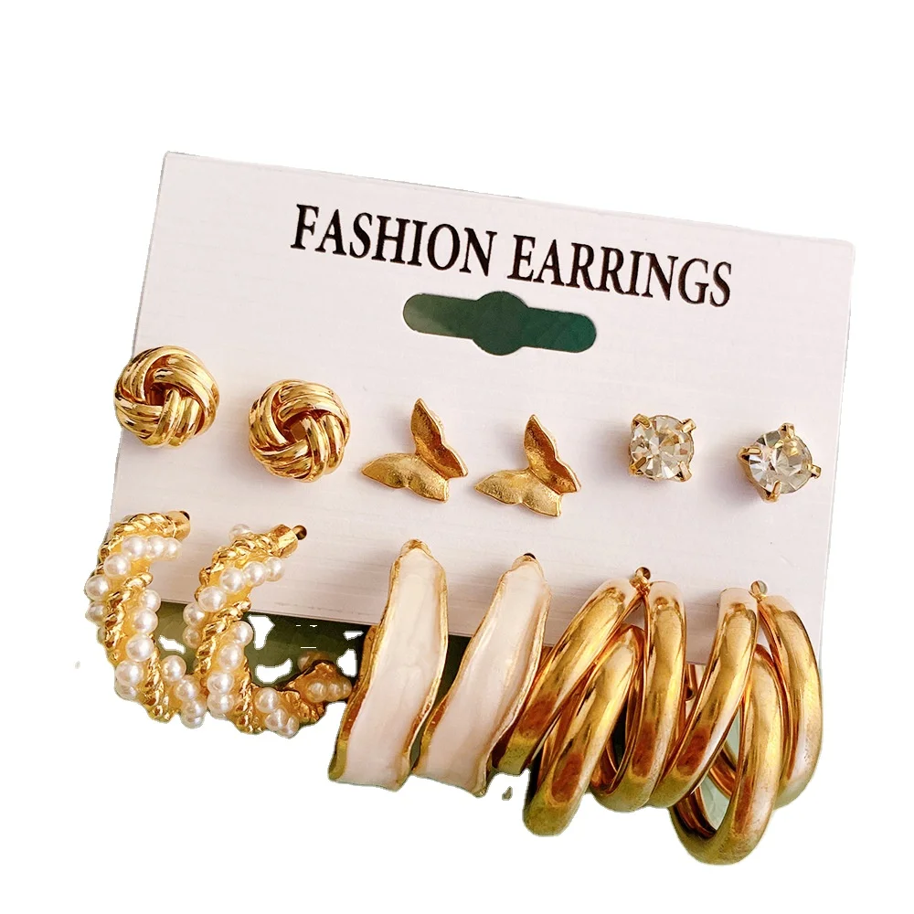 Gold Hoop Earrings Set for Women Boho Fashion Pearl Butterfly Shaped Assorted Small Big Hoop Earrings Jewelry for Gift