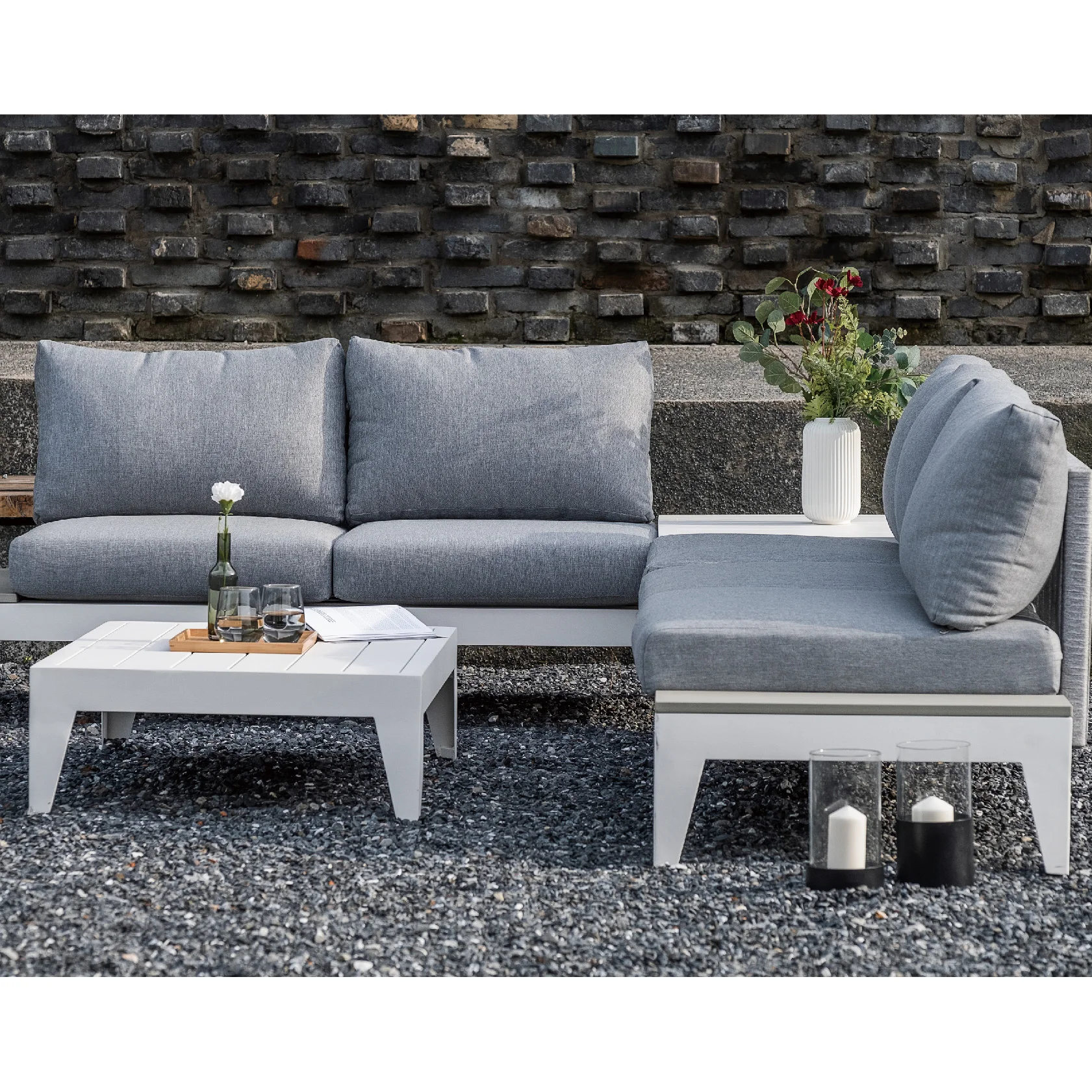 Hot sale L shape outdoor aluminum 3 piece sectional white sofa  seating furniture set  for patio and garden