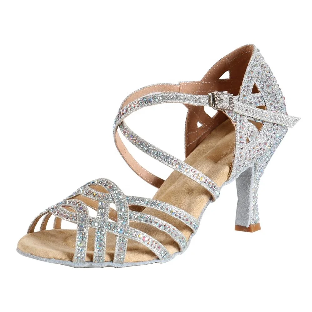 Женские атласные туфли для латиноамериканских танцев на высоком каблуке со стразами