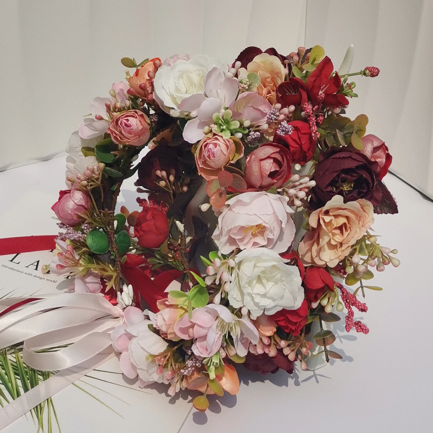 Floral Headpiece Garland Halo Photo Shoot Flower Crown Christmas Red Headband Wedding Headdress Bride Corolla Hairwear Wreath