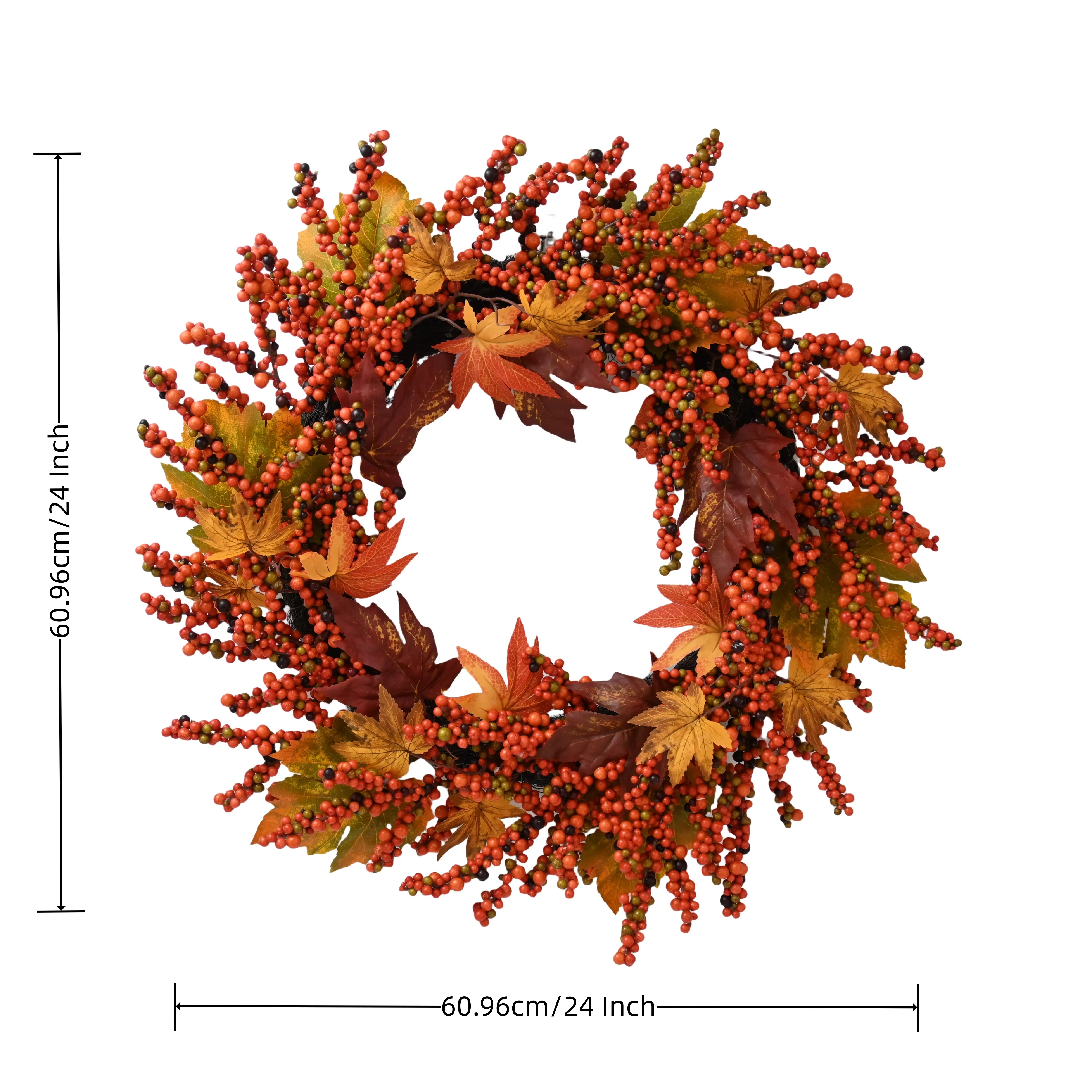 24 Inch Fall Maple Leaves Hanging Decorative Artificial Foam Berries Twigs Autumn Door Wreath