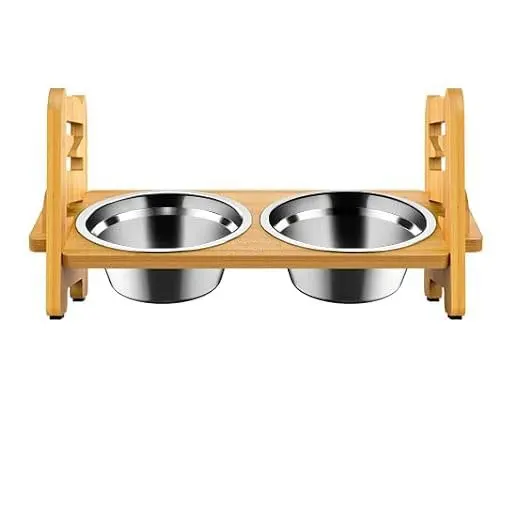 Bamboo Adjustable Raised Dog Bowl Stand Pet Feeder for Dogs and Cats Dog Food Bowl Stand