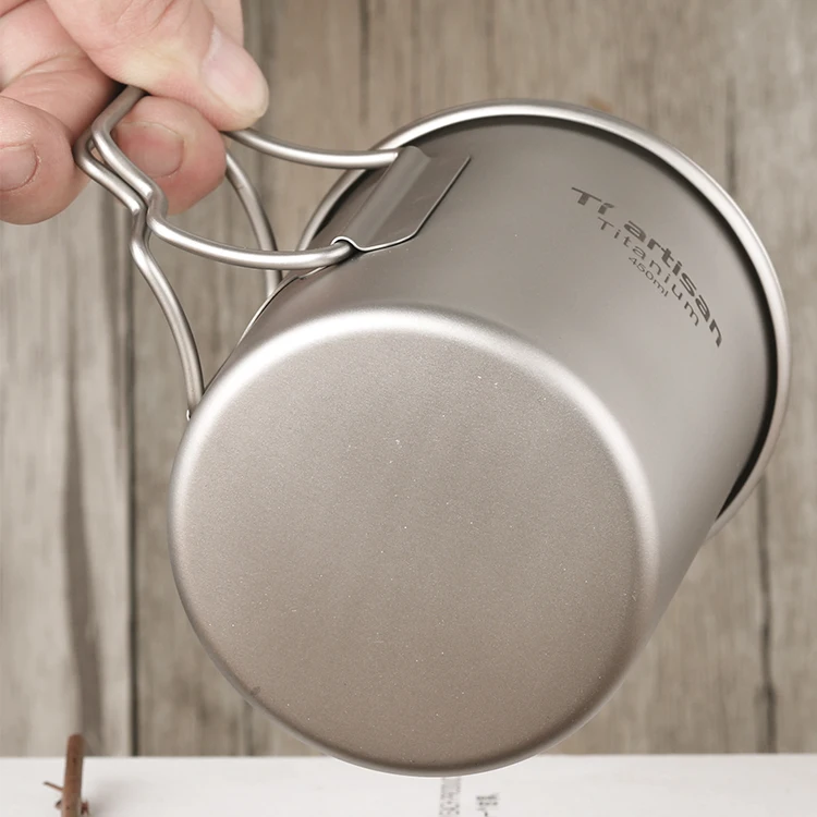 Camping mugs water Cup titanium coffee mug 450ml  Foldable Handle Titanium Pot with Lid camping accessories