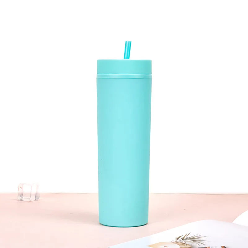 Portable Tumbler Cup Matte Plastic Water Bottle with Reusable Straw and Lid Double Wall Custom Logo Straight Cup