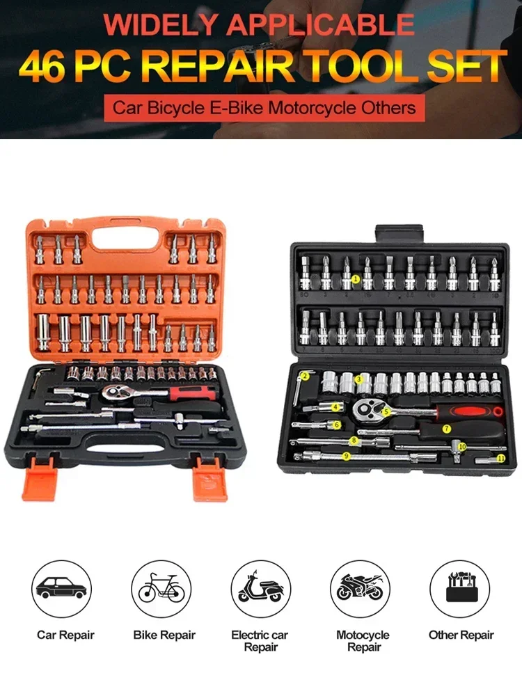 46pcs in 1 Ratchet Torque Wrenches Socket Wrench Spanner Tools Box Set for Mechanic Screwdriver Tool Set