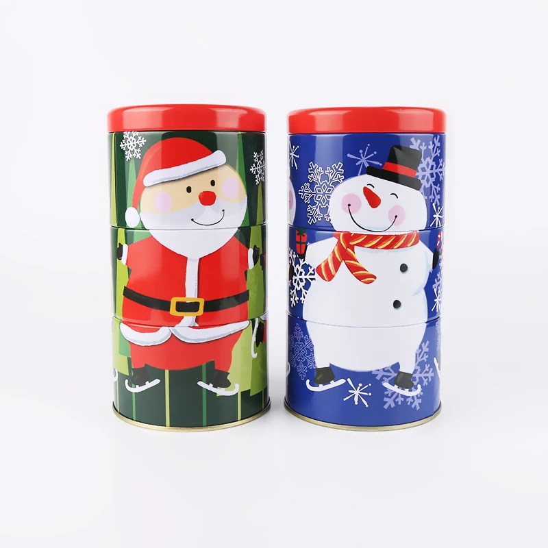 Custom printing artwork christmas metal tin can three layer round metal  tin