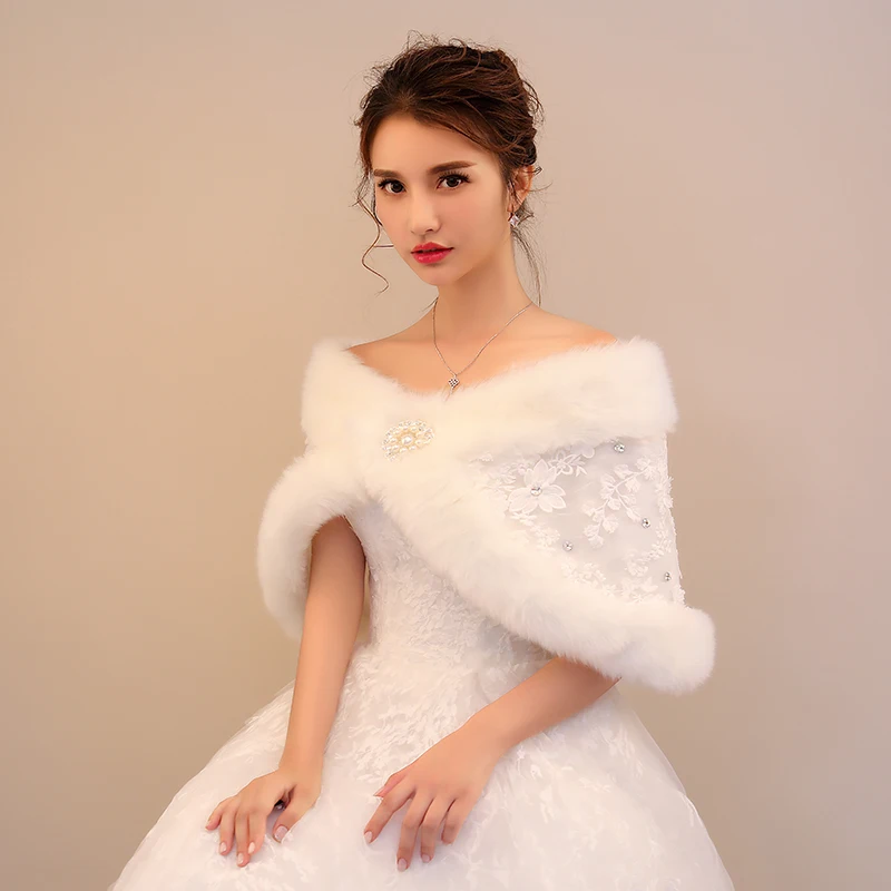 
Wholesale new fluffy plush collar shawl faux rabbit fur bridal lace rhinestone shawl 